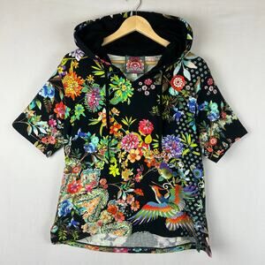 Johnny Was Dreamer Short Sleeve Floral Pullover Hoodie Black Women's Size S